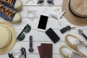 Top view women and man for essentials to travel accessories